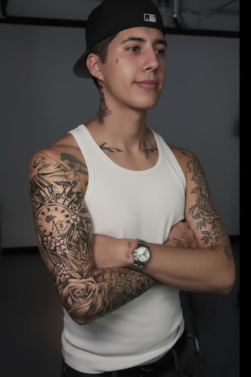 Male model with updated face wearing flower clock tattoo